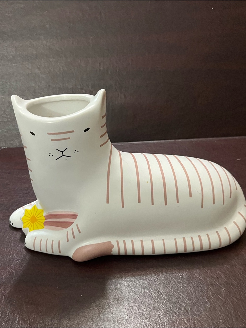 Cream Ceramic Cat planter  with Pink Stripe Accents